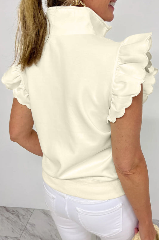 Beige Zipped up Collared Ruffled Short Sleeve Blouse