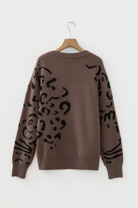 Camel Asymmetric Leopard Print Detail Drop Shoulder Sweater