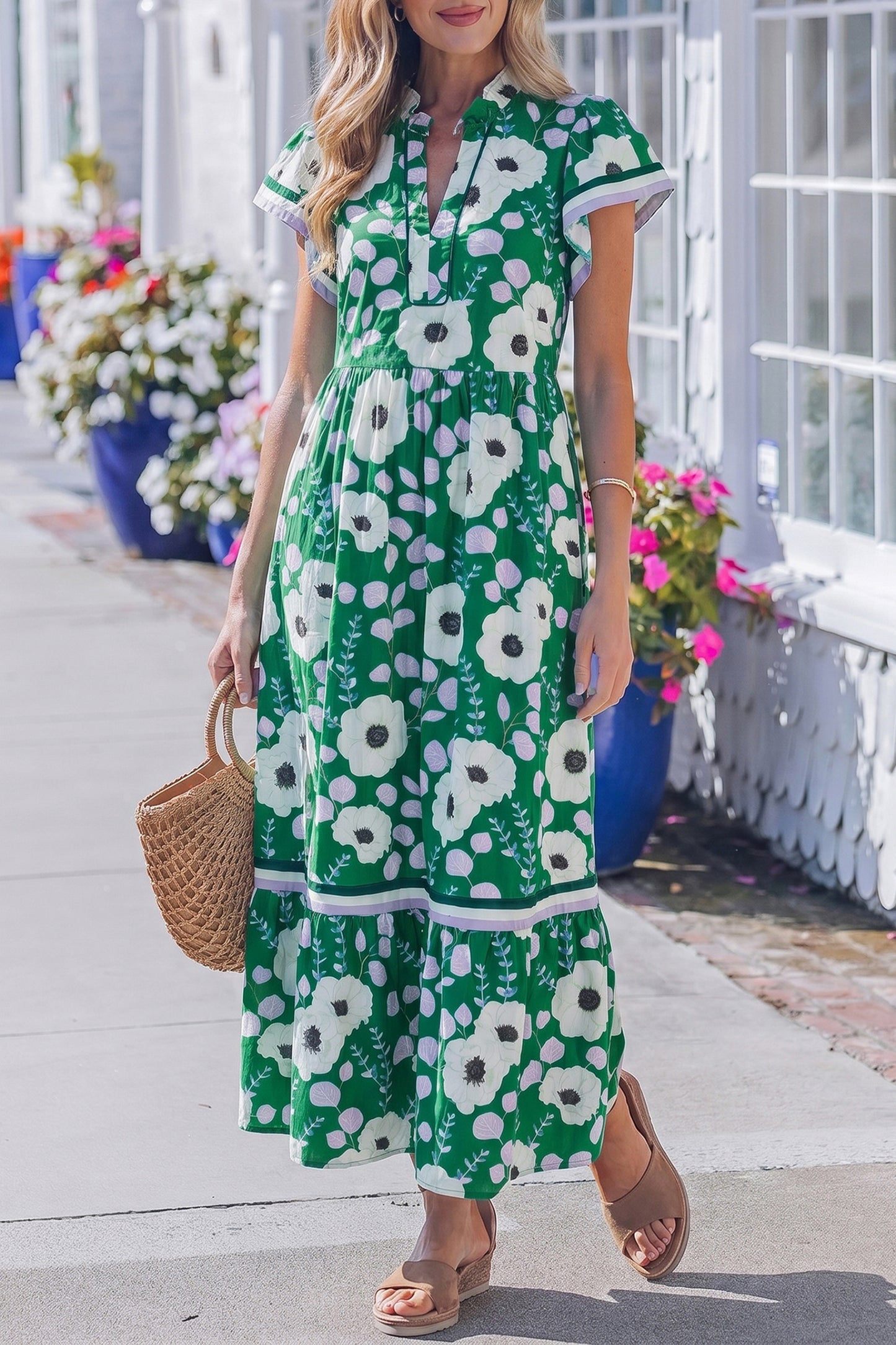 V Neck Ruffled Short Sleeve Flower Maxi Dress