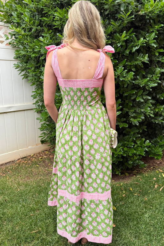 Floral Print Striped Detail Knot Straps Maxi Dress