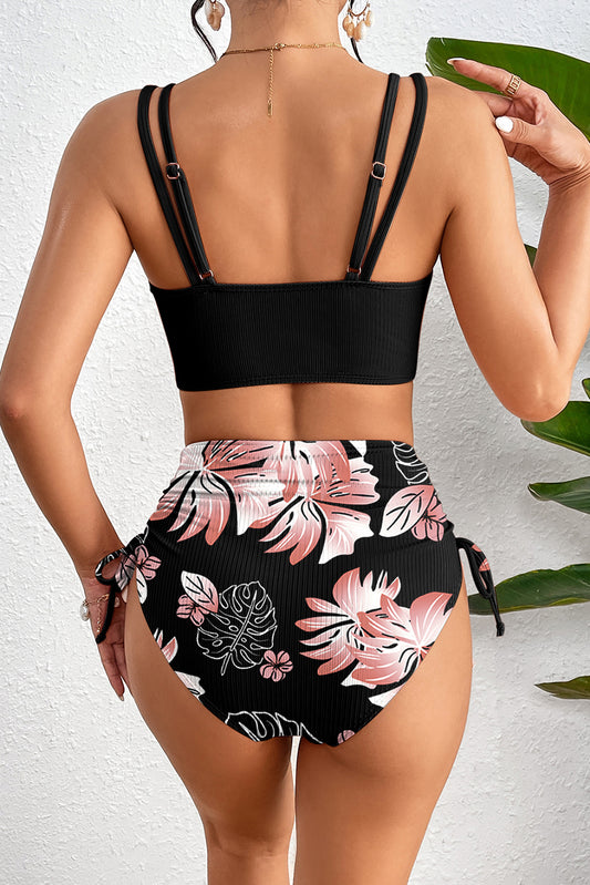 Black Ribbed Knit High Waist 2pcs Bikini Swimsuit