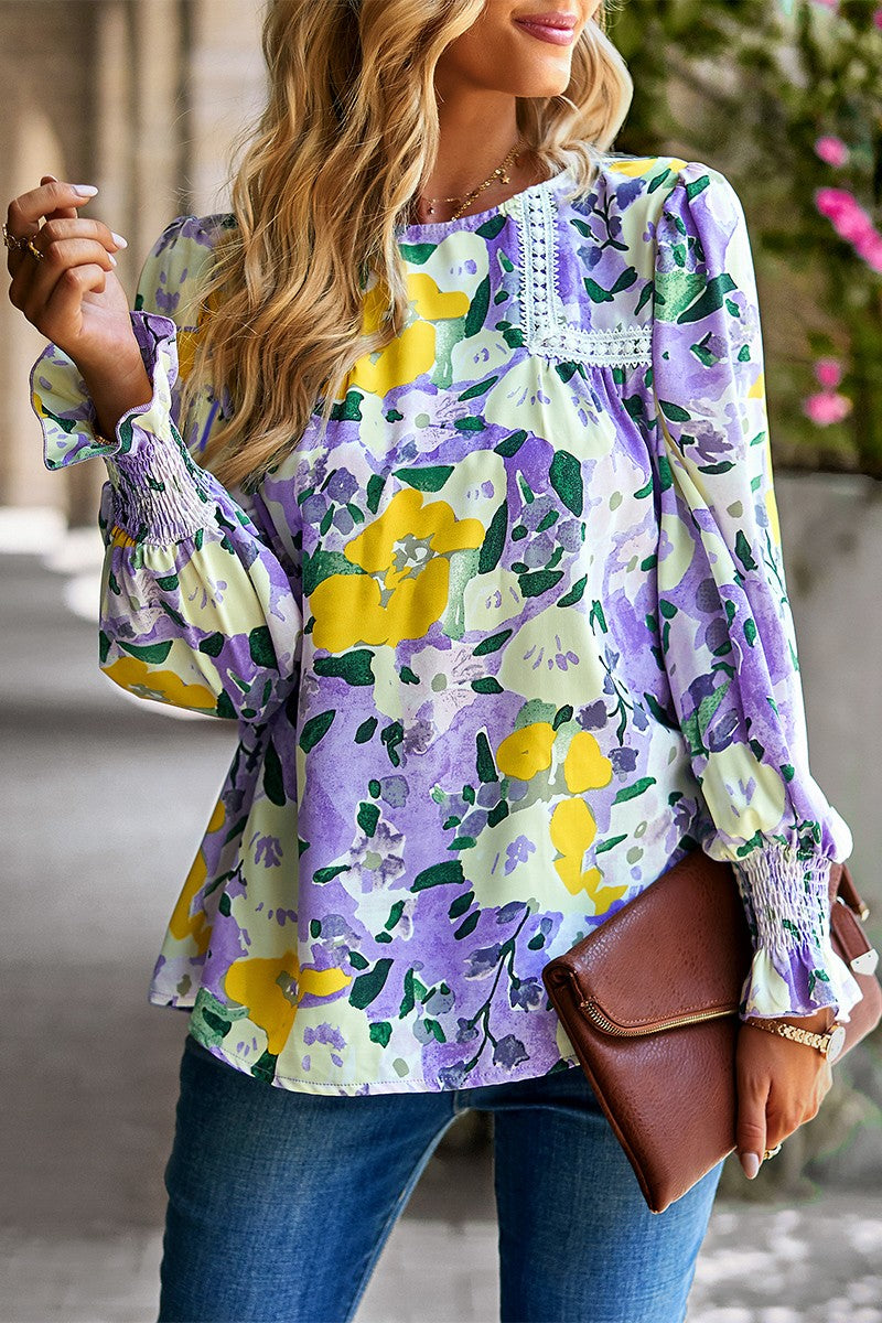 Floral Print Color Block Lace Blouse Top