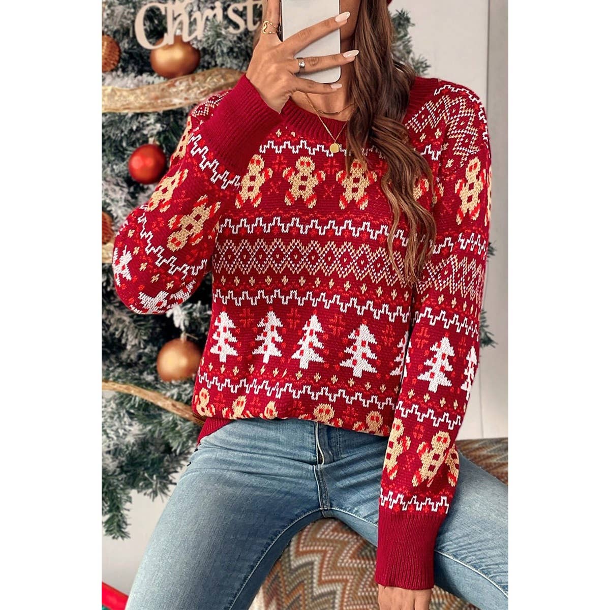 Knit Christmas Print Round Neck Loose Fit Sweater