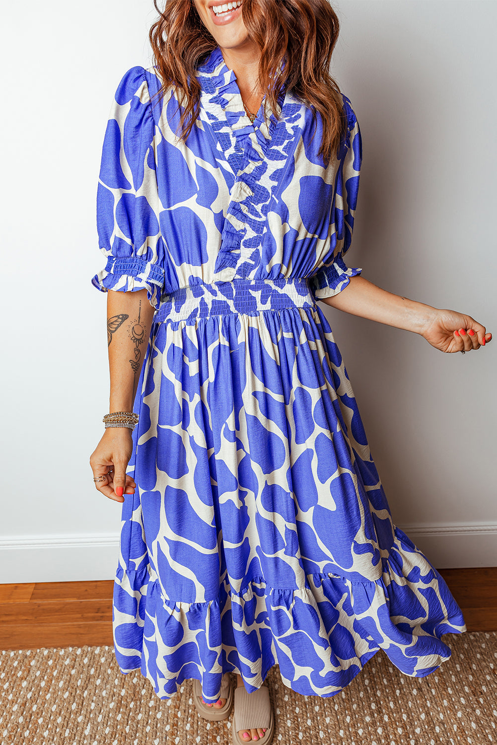 chinese dress ladies Sky Blue Abstract Print Smocked Waist Puff Half Sleeve Maxi Dress –  Shoppe247