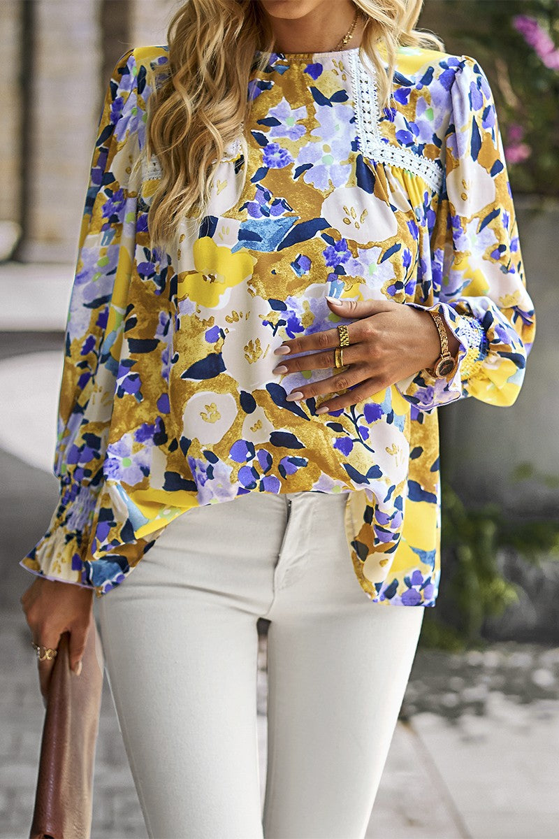 Floral Print Color Block Lace Blouse Top