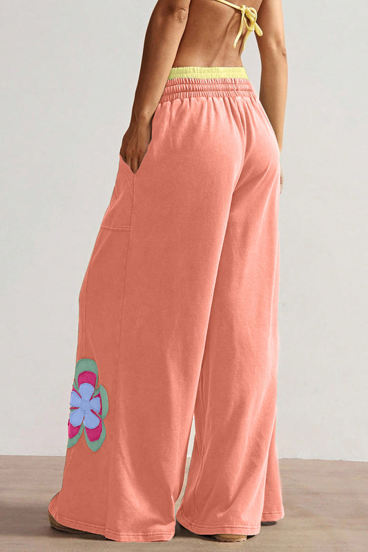 Color Block Flower Patchwork Drawstring Contrasted Elastic Waist Wide Leg Pants
