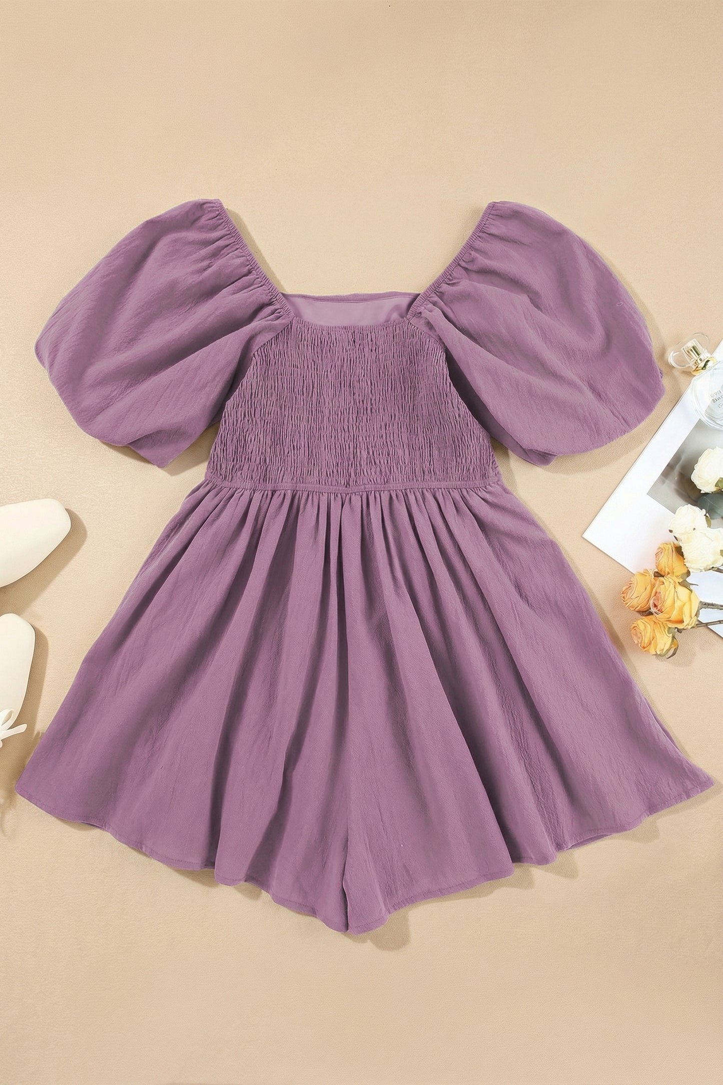 Square Neck Ruched Puff Sleeve Romper