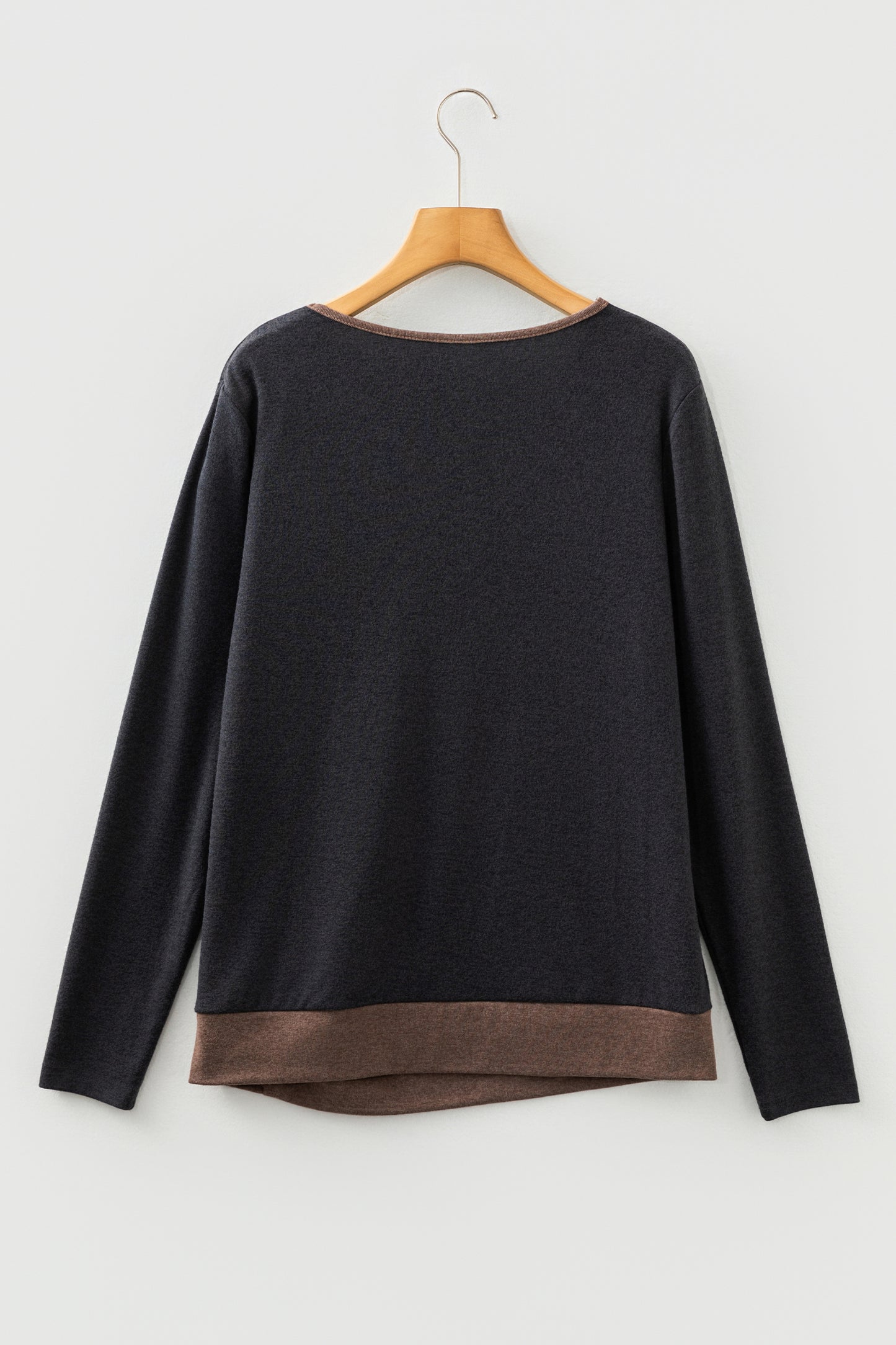 Chicory Coffee Color Block Trim V Neck Button Decor Long Sleeve Top