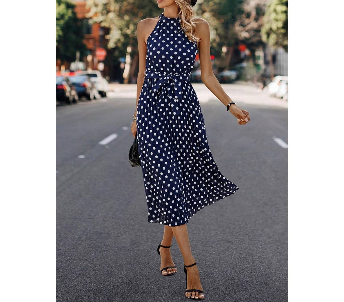 Dot Print Open Shoulder Fit Knot Belt Dress | Dress - Women's | Dress, LK, midi dress | Elings