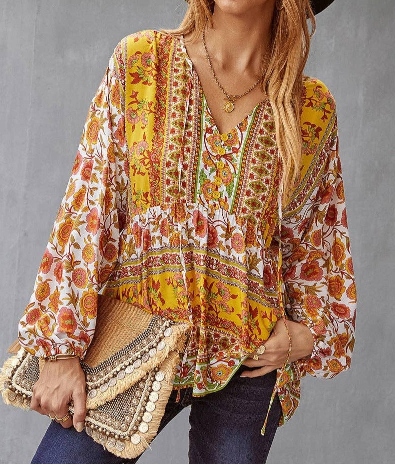 Floral V-Neck Ruffle Top | Kimono - Women's | 2023, long sleeve top, New Arrivals, Top, tops | Elings