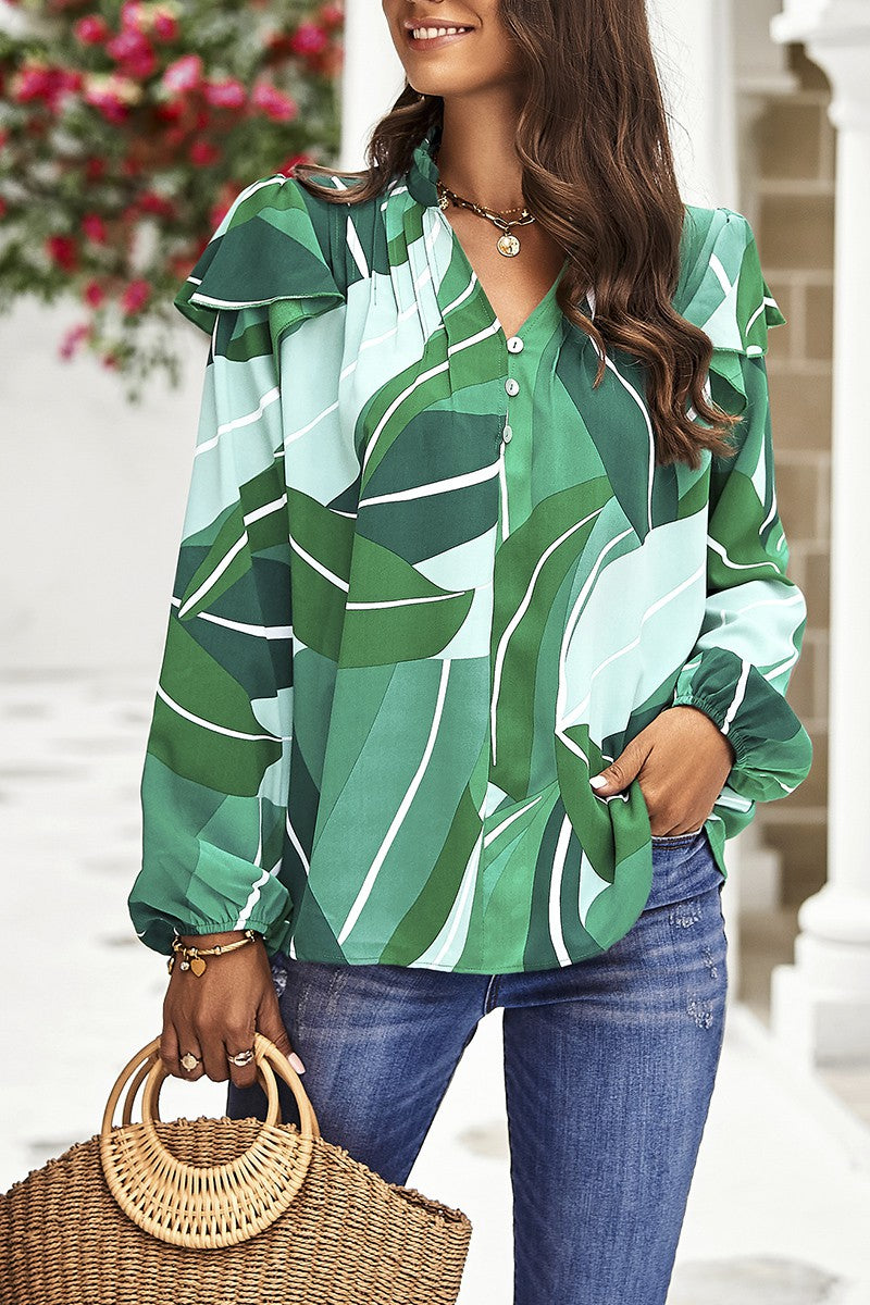 Floral Print V Neck Ruffle Puff Sleeve Top