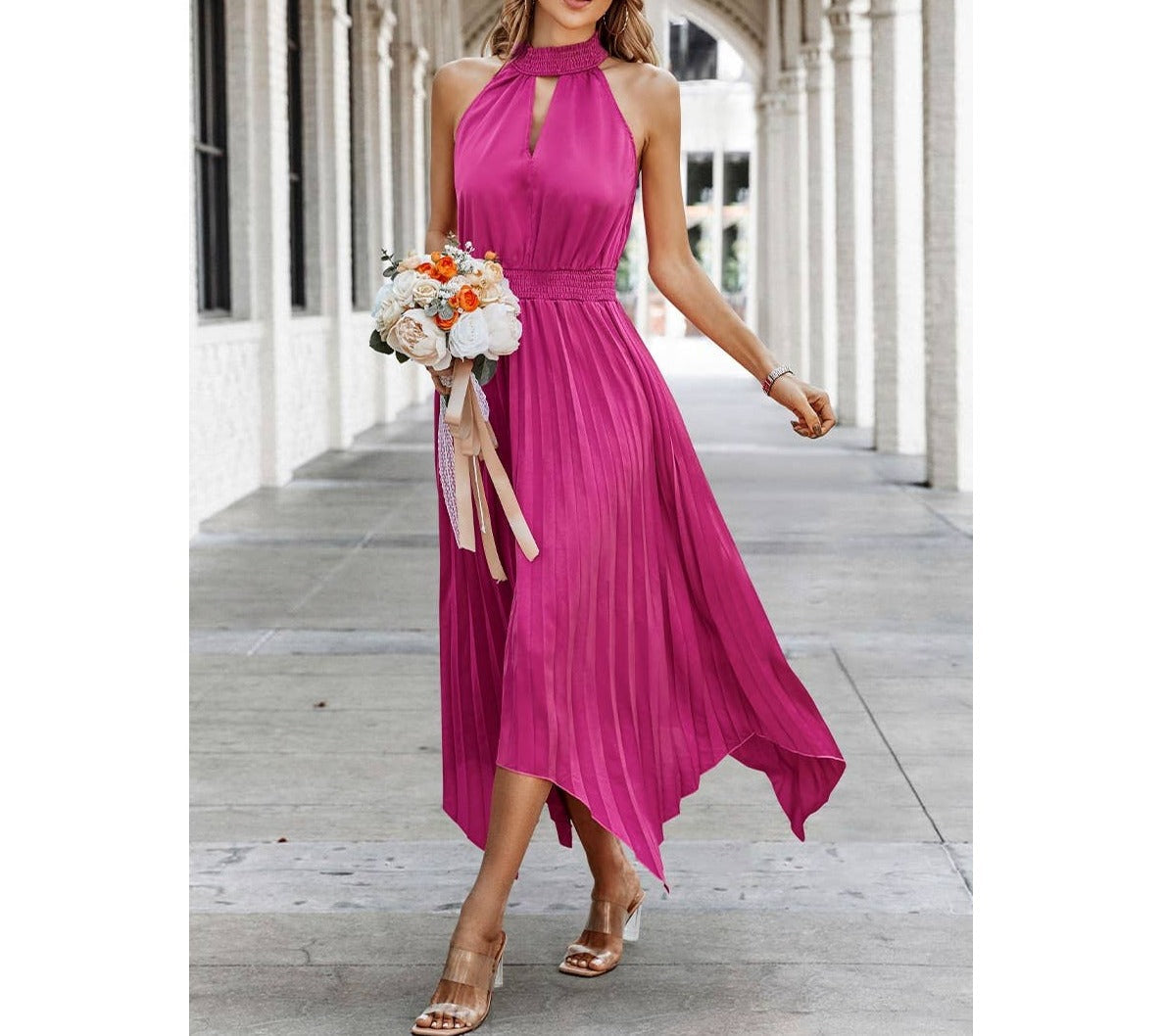 Ruched Halterneck Self Belt Sleeveless Solid Dress | Dress - Women's | Dress, midi dress | Elings