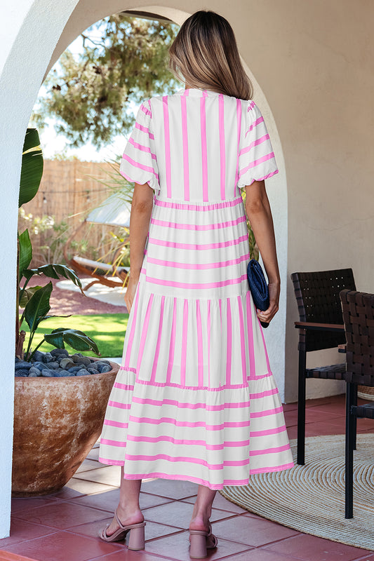 Stripe Ricrac Trim Notched Neck Half Sleeve Vacation Dress