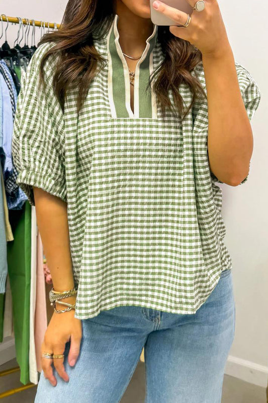 Plaid Short Sleeve Colorblock Trim Split Neck Blouse