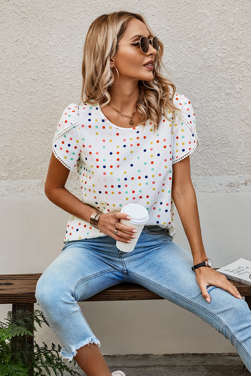 Lace Sleeves Color Polka Dot Scoop Neck Blouse