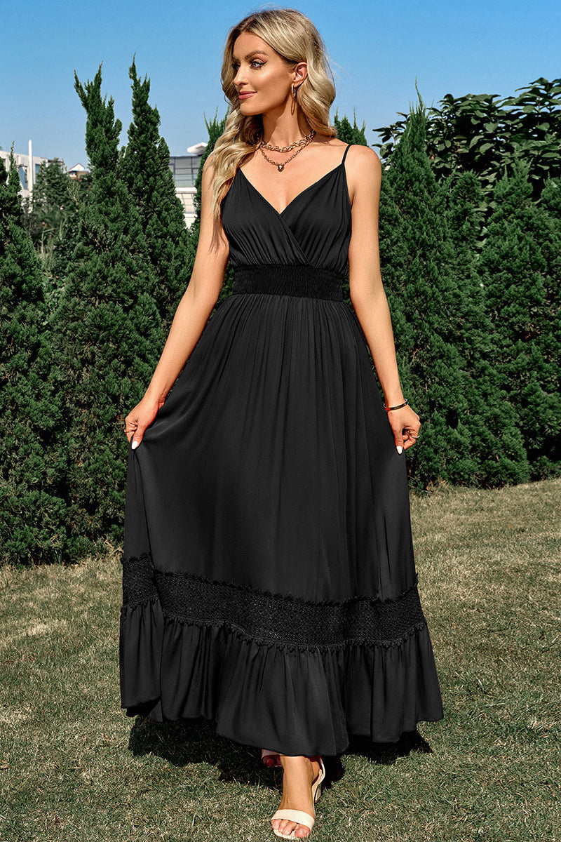 Deep V Sleeveless Color Block Elastic Fit Maxi Dress