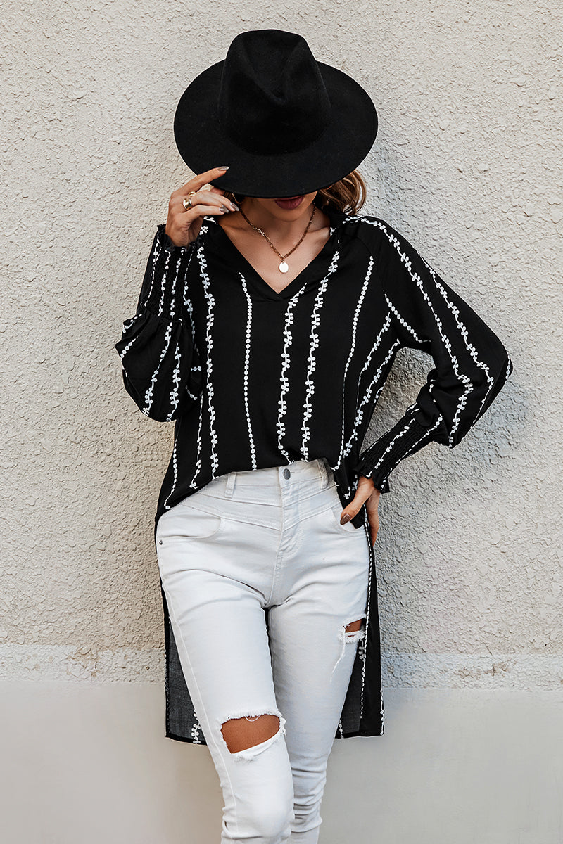 Stripe Floral Knit Side Open Long Body Blouse