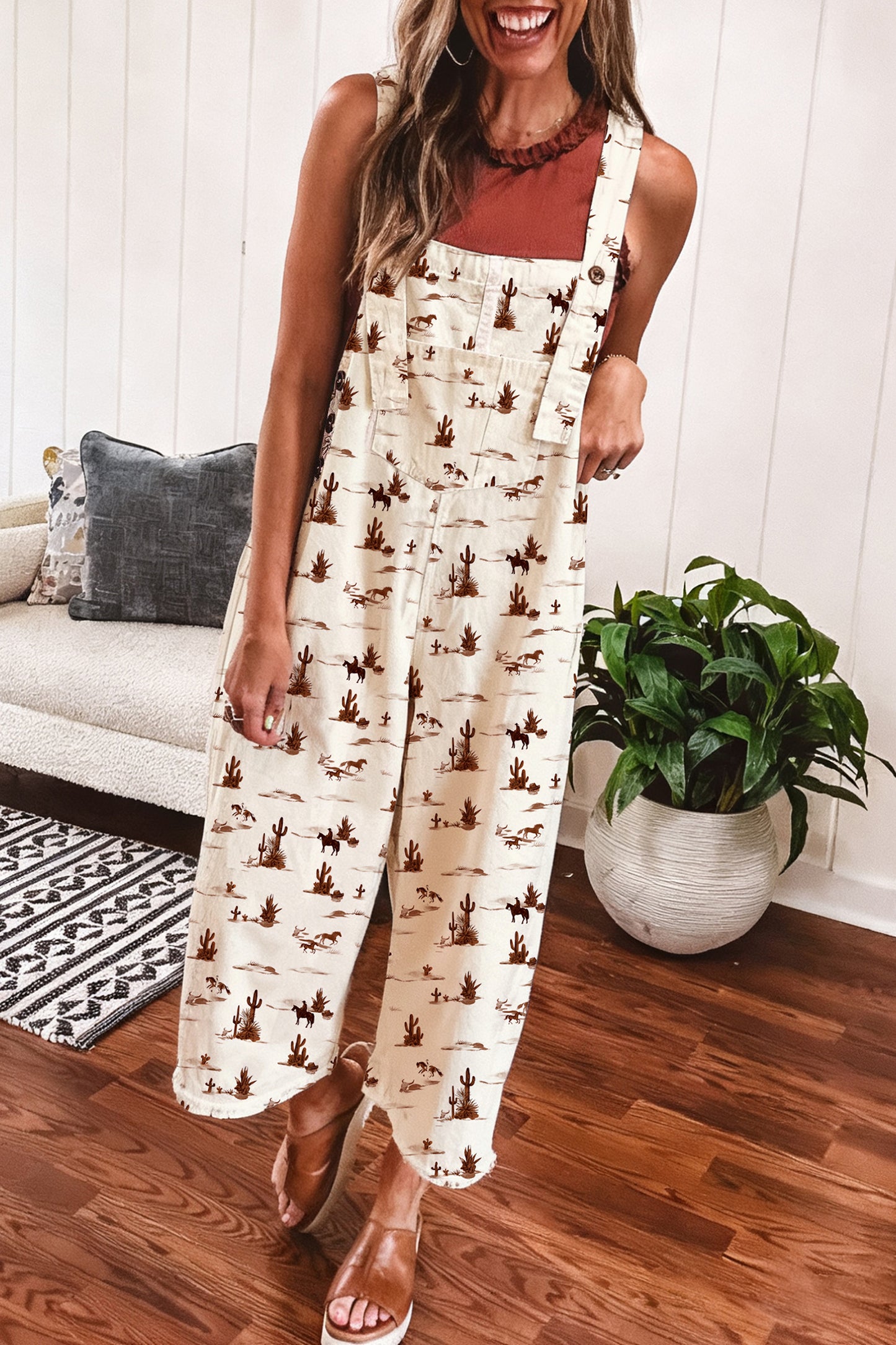 Western Printed Button Adjustable Straps Loose Jumpsuit Dungarees