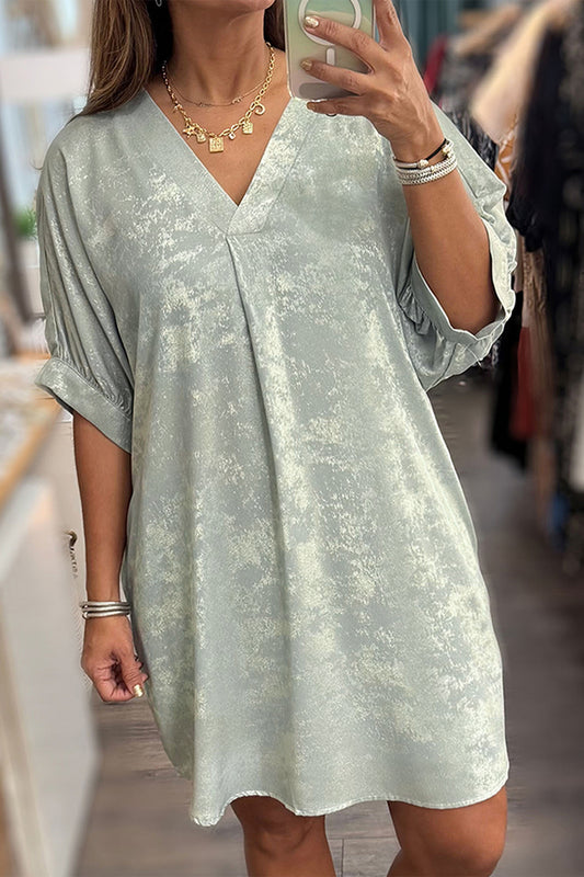 Meadow Mist Green Metallic V Neck Half Sleeve Loose Mini Dress