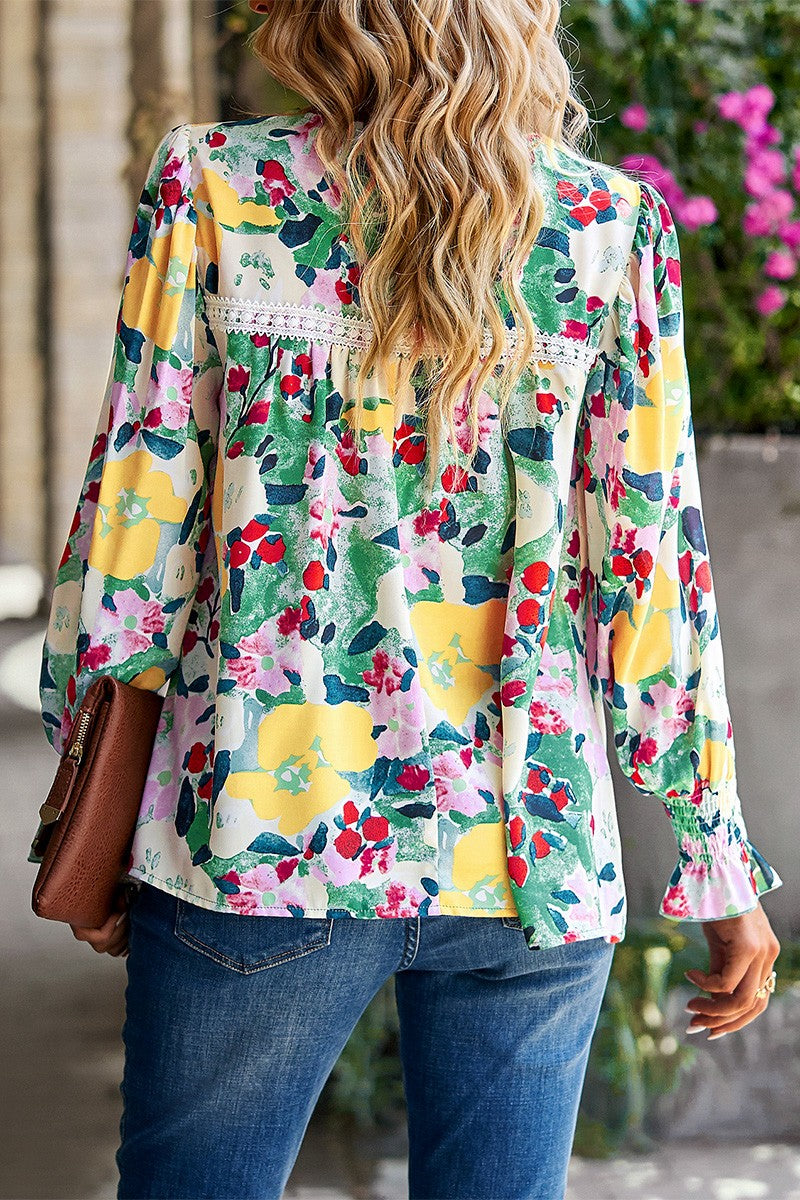 Floral Print Color Block Lace Blouse Top