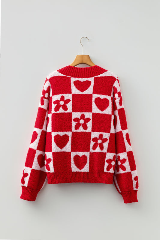 Fiery Red V Neck Flower Heart Detail Checkered Knit Loose Sweater