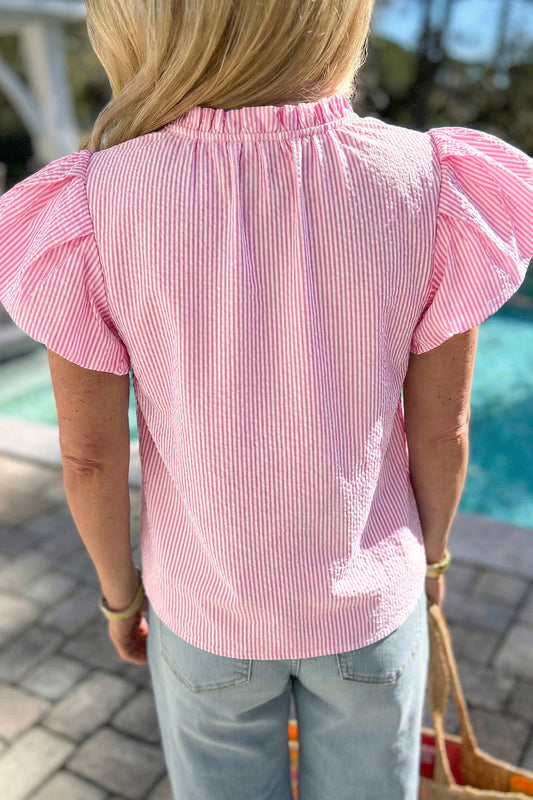 Rose Stripe Short Bubble Sleeve Split V Neck Blouse