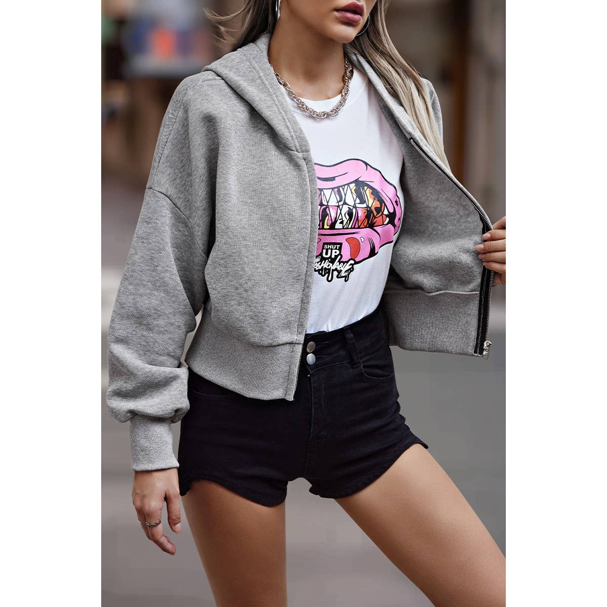 Solid Zipper Dropped Shoulder High Waist Hoodie
