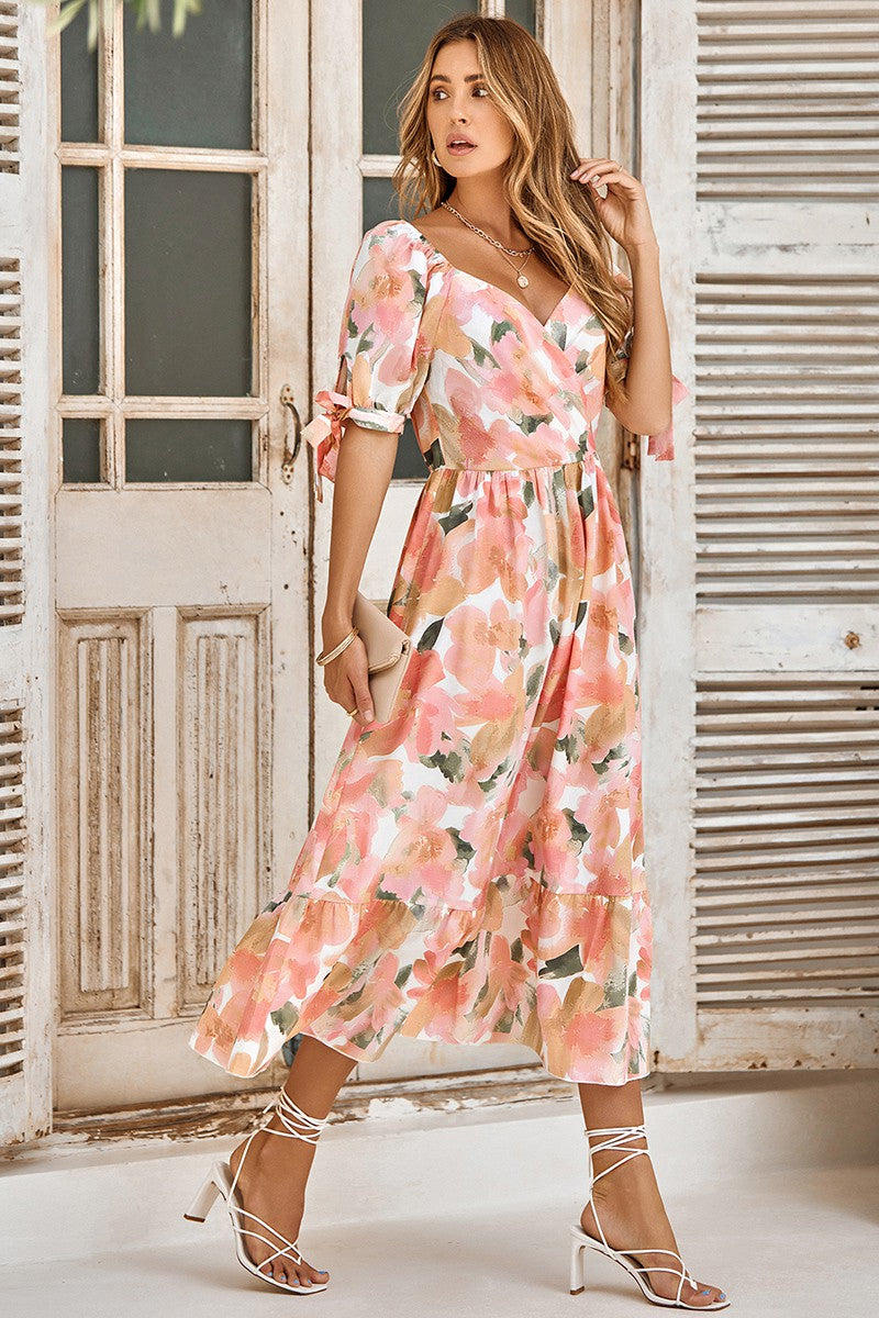 Floral Print V Neck Cross Front Midi Dress