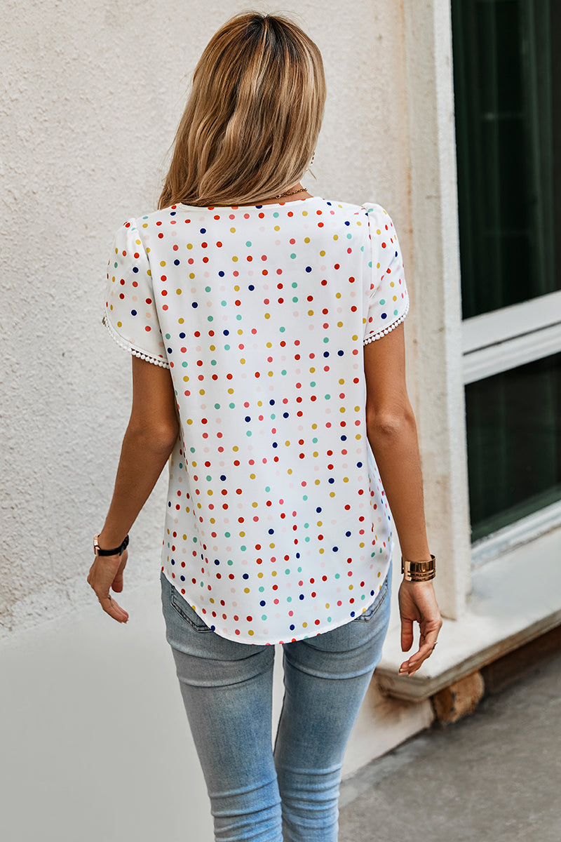 Lace Sleeves Color Polka Dot Scoop Neck Blouse