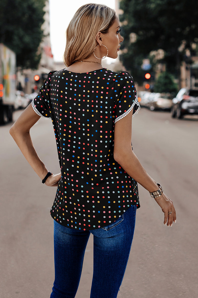 Lace Sleeves Color Polka Dot Scoop Neck Blouse