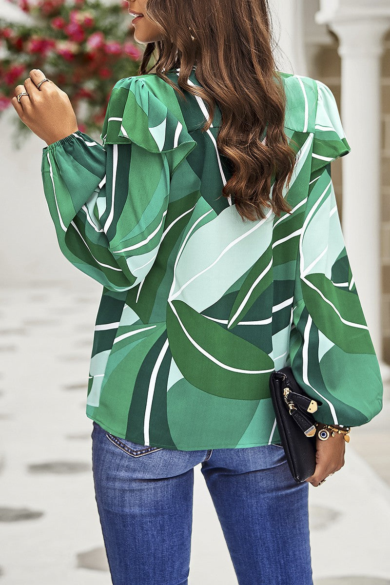 Floral Print V Neck Ruffle Puff Sleeve Top