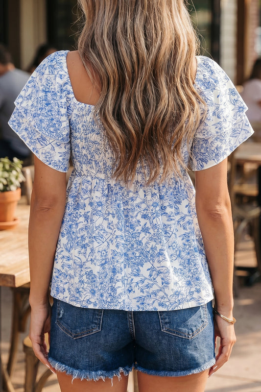 Floral Print Square Neck Ruffled Sleeve Shirred Babydoll Blouse