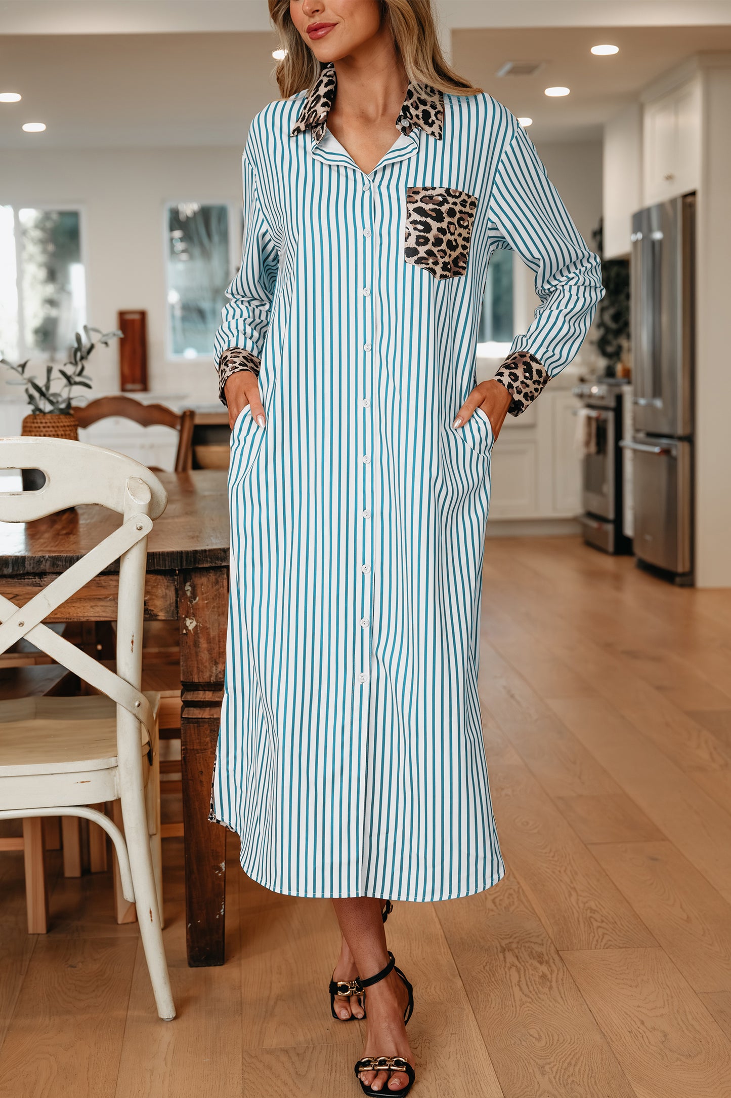 Brown Stripe Contrast Leopard Patchwork Long Shirt Dress with Slits