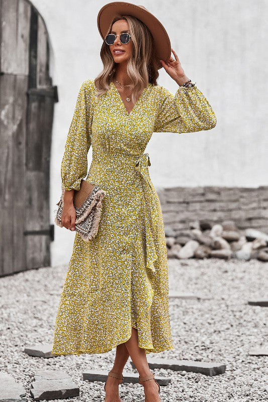 Ditsy Floral Vneck Ruffled Hem Wrap Midi Dress