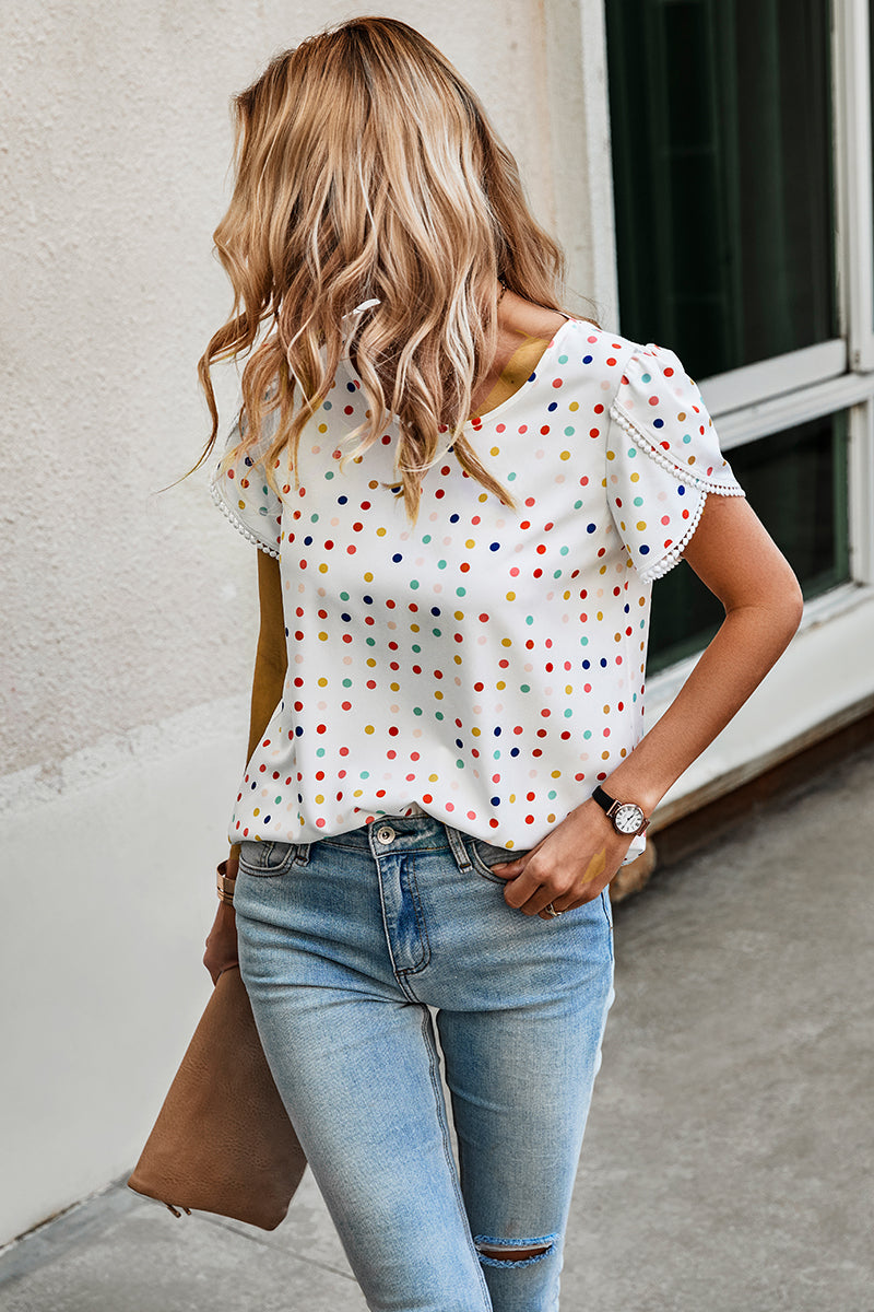 Lace Sleeves Color Polka Dot Scoop Neck Blouse