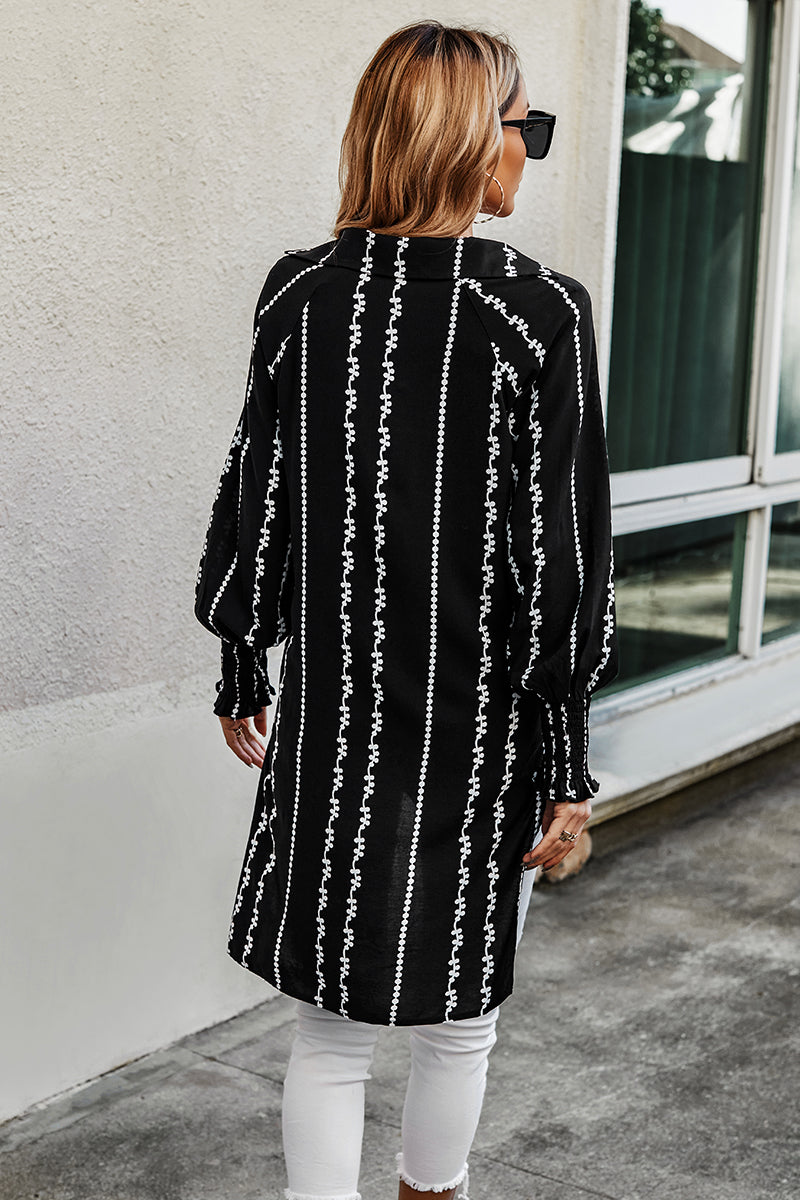 Stripe Floral Knit Side Open Long Body Blouse