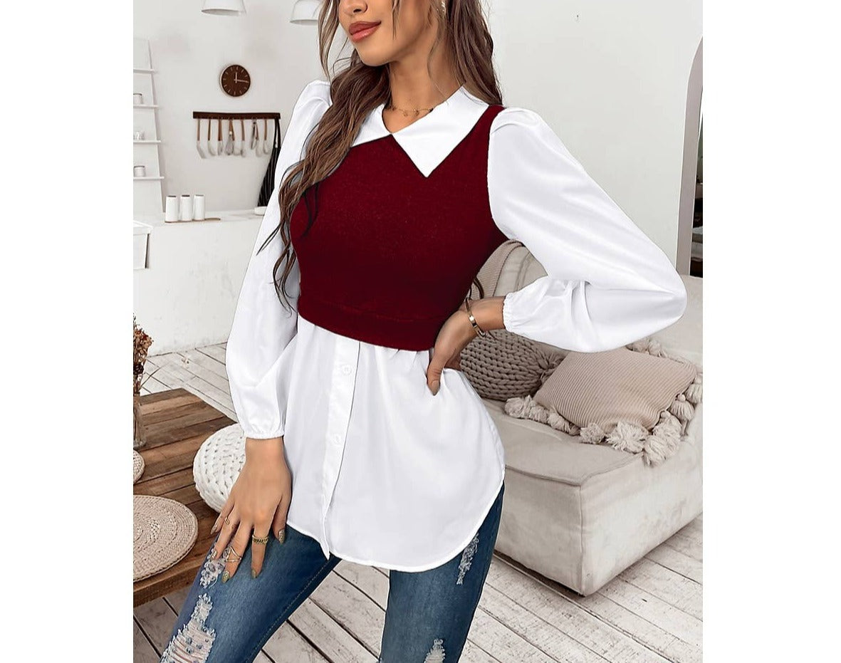 Frenchy Colorblock Lantern Sleeve Two In One Top | Blouse - Women's | long sleeve top, tops | Elings