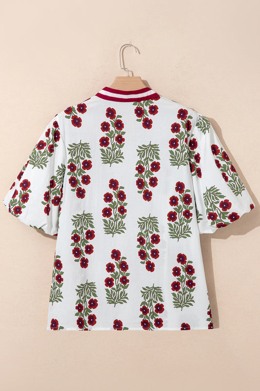 Plus Size Floral Print Ricrac Striped Trim Short Sleeve Cotton Blouse