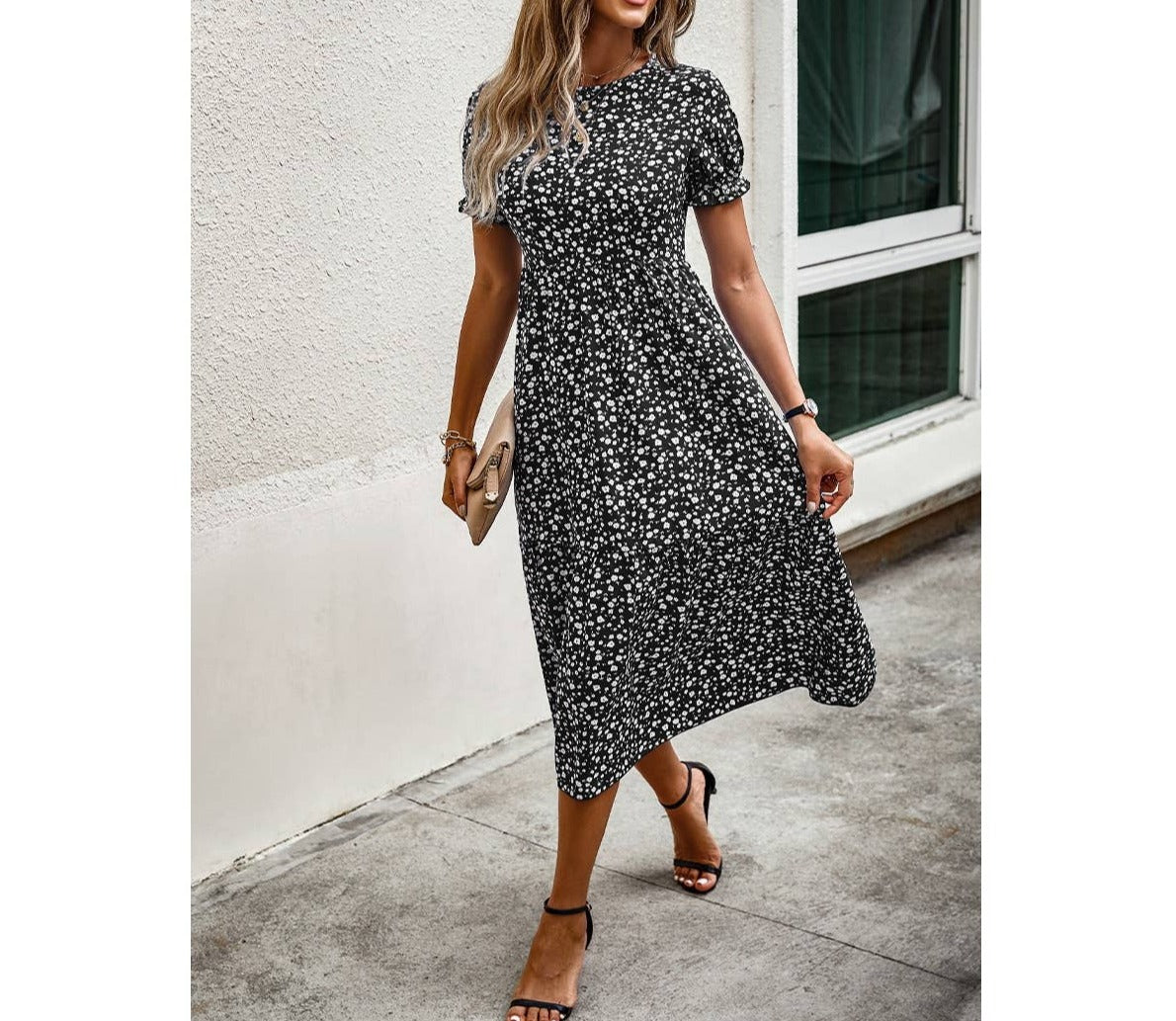 Floral Print Round Neck Color Block High Waist Fit Dress | Dress - Women's | Dress, LK, midi dress | Elings