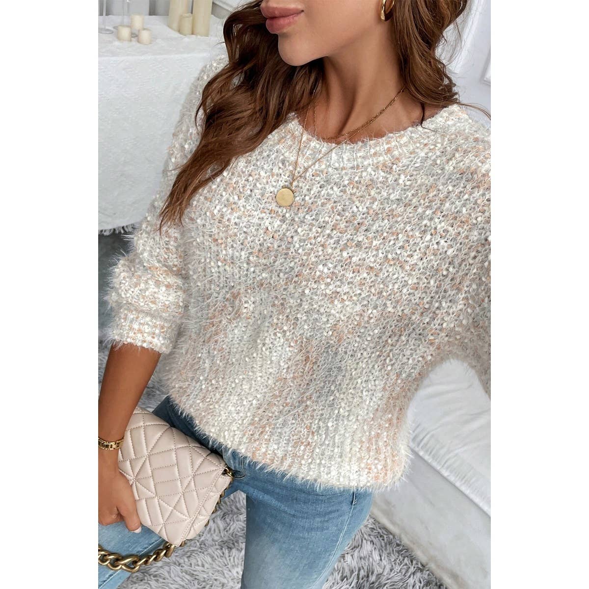 Knit Round Neck Drop Shoulder Back Cutout Sweater
