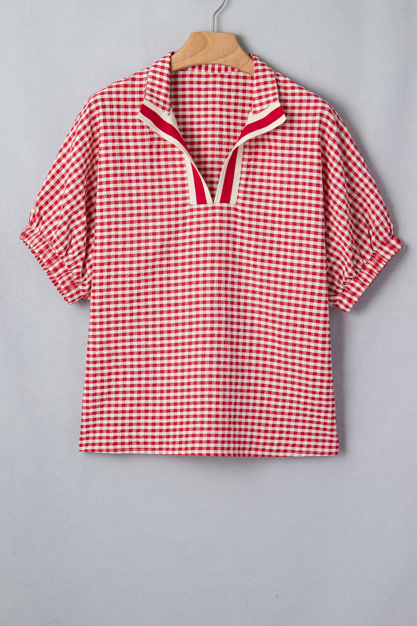 Plaid Short Sleeve Colorblock Trim Split Neck Blouse