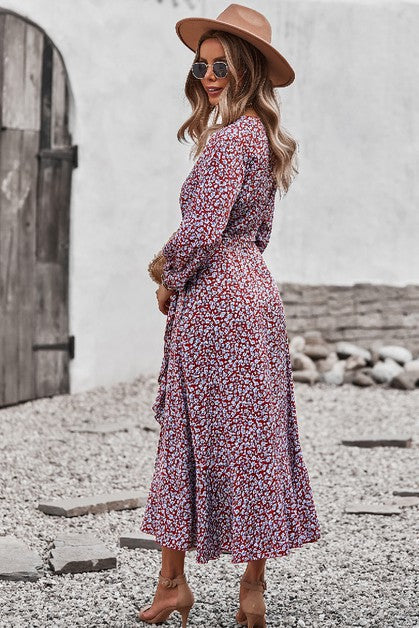 Ditsy Floral Vneck Ruffled Hem Wrap Midi Dress