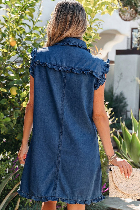 Ruffled Edge Collared Shift Denim Dress with Pockets