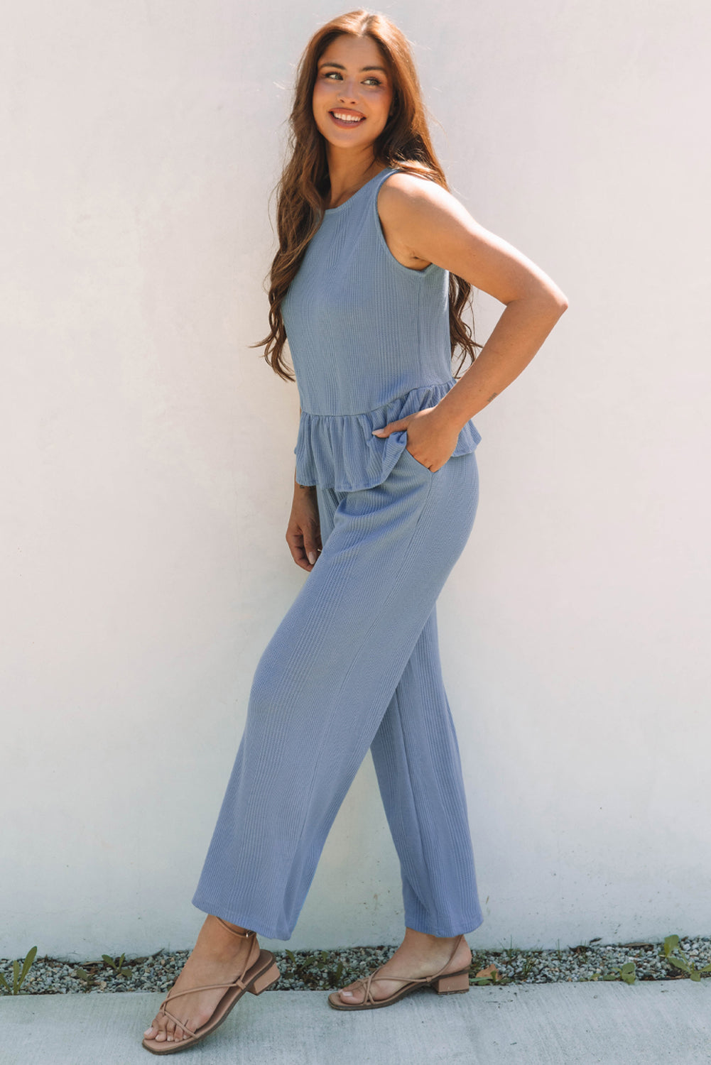 Solid Color Ribbed Ruffle Tank Top and Pants Set