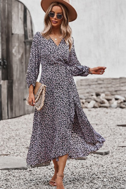 Ditsy Floral Vneck Ruffled Hem Wrap Midi Dress
