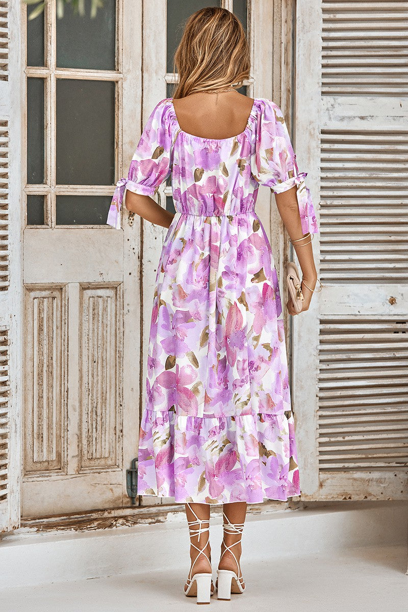 Floral Print V Neck Cross Front Midi Dress