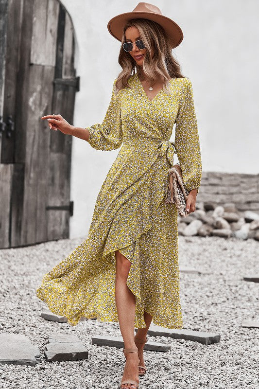 Ditsy Floral Vneck Ruffled Hem Wrap Midi Dress