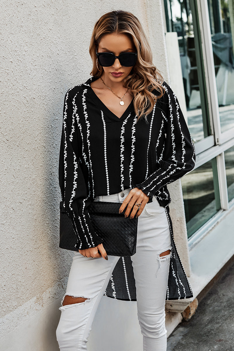 Stripe Floral Knit Side Open Long Body Blouse