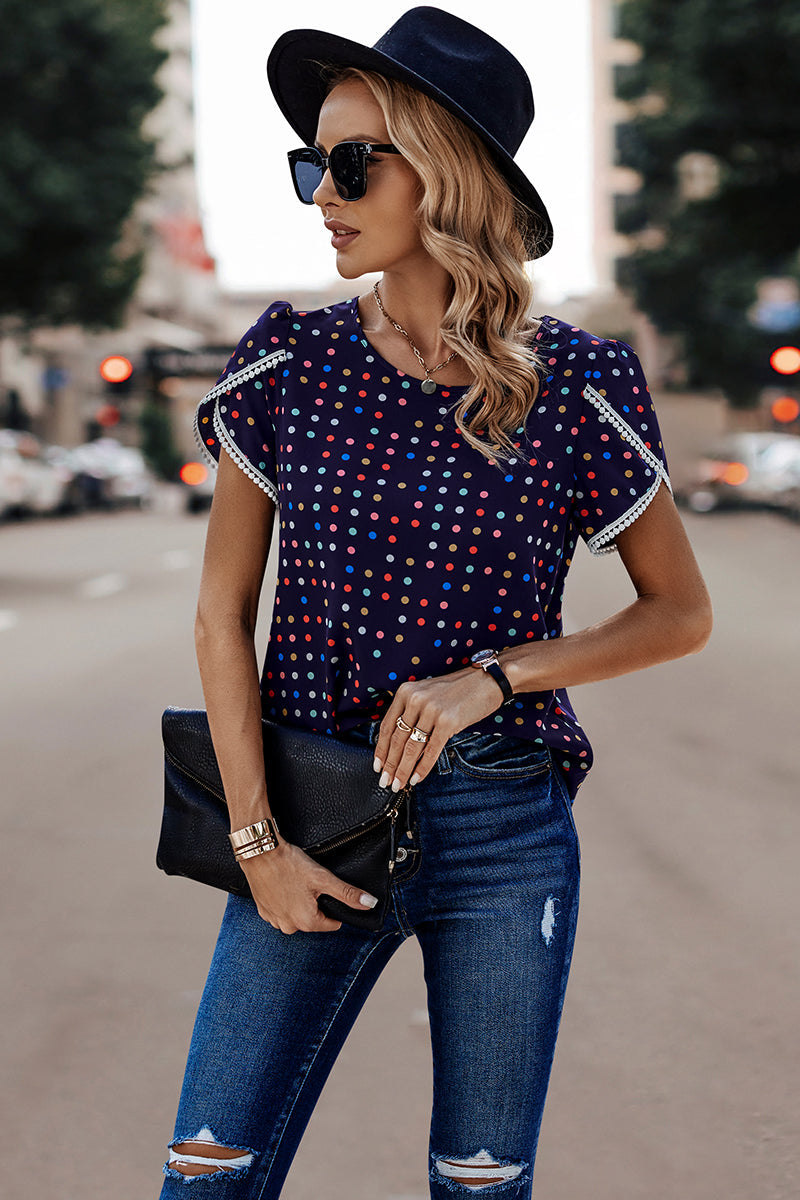 Lace Sleeves Color Polka Dot Scoop Neck Blouse