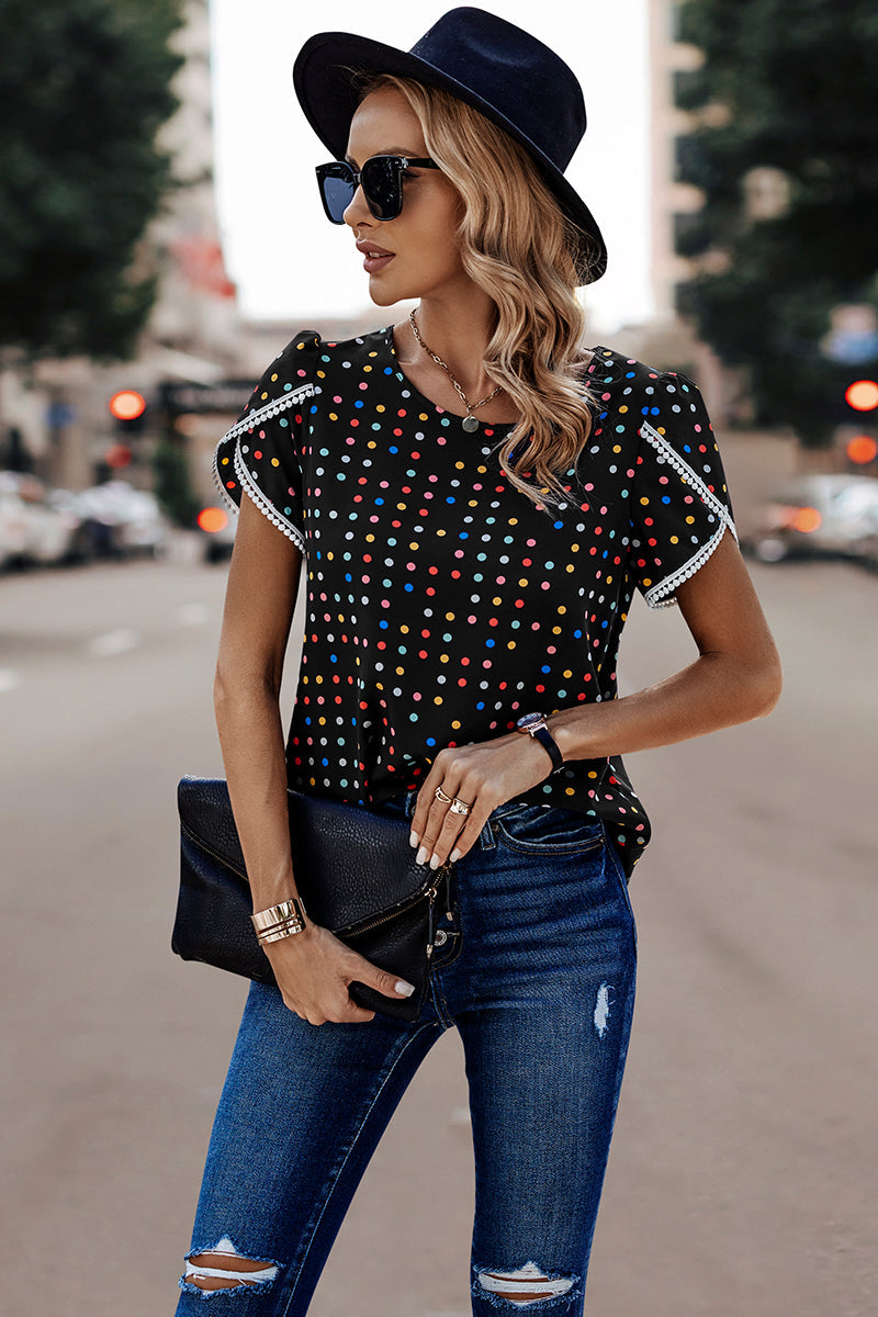 Lace Sleeves Color Polka Dot Scoop Neck Blouse